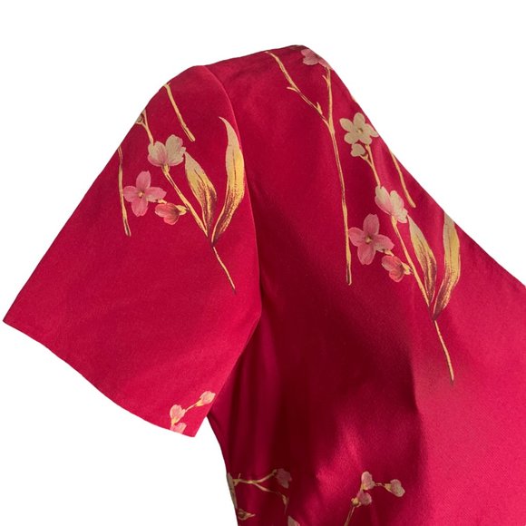 100% Silk Floral Dress 14 Maxi Long V-Neck Short Sleeve Satin Georgette Red - Picture 9 of 16